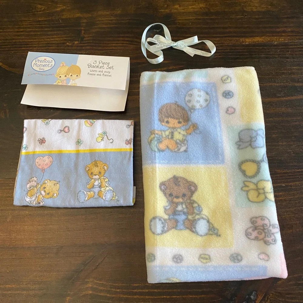 Vintage 2002 Precious Moments 2 Piece Baby Blanket Set Fleece Flannel Pastel